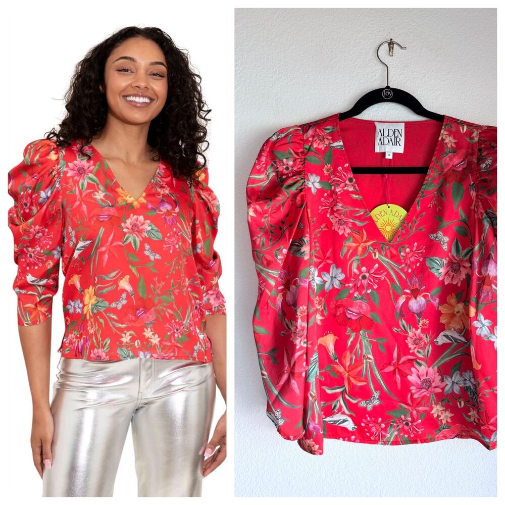 NEW Alden Adair Finley Satin V-Neck Puff Sleeve Top in Feature Floral Red Size S
